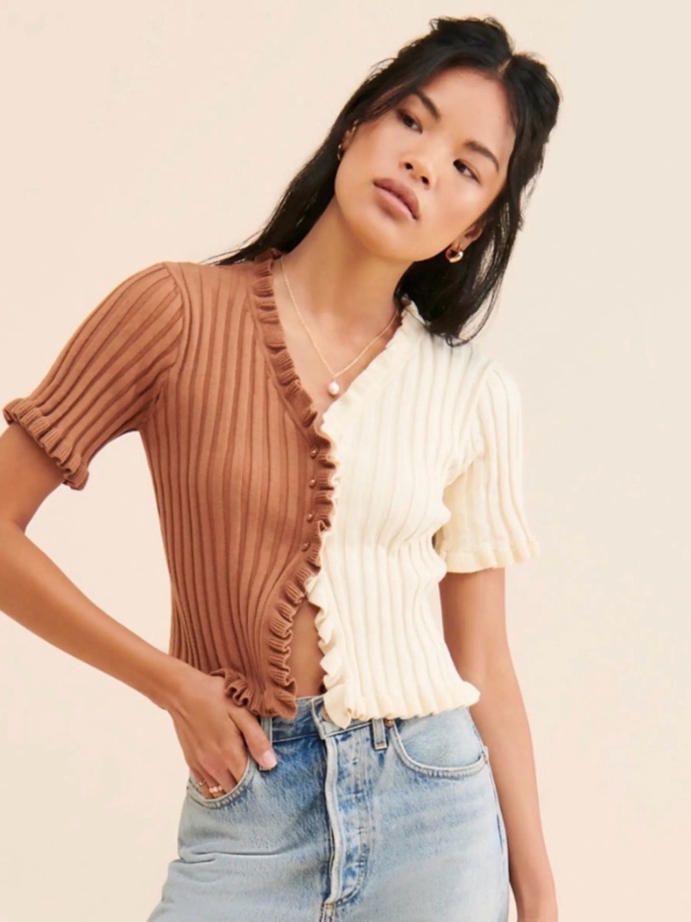 Find Me Now Anthropologie Colorblock Ribbed Ruffle Cardigan